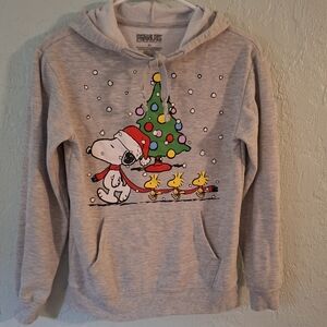 Peanuts Snoopy & Woodstock Christmas Tree Graphic Hoodie Sweatshirt Gray XS